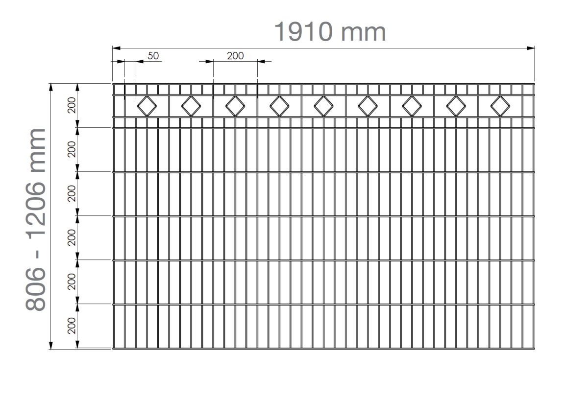 Preview: Steel mesh fence 6/5/6 with posts model MALAGA - drawing