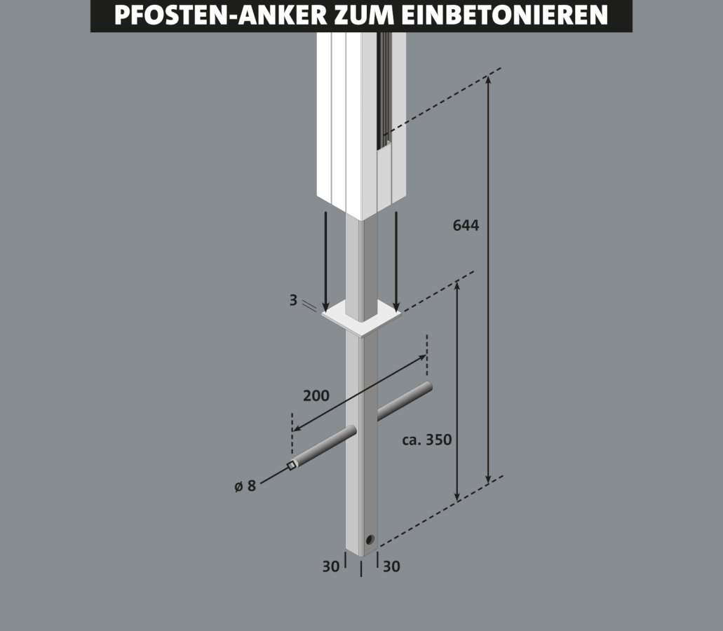 Preview: Post anchor for setting in concrete - Dimensional drawing