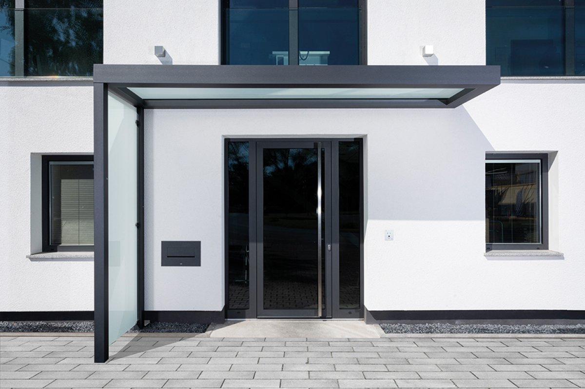 Preview: Vordach Platin + Seitenteil mit Glasklemmhalter