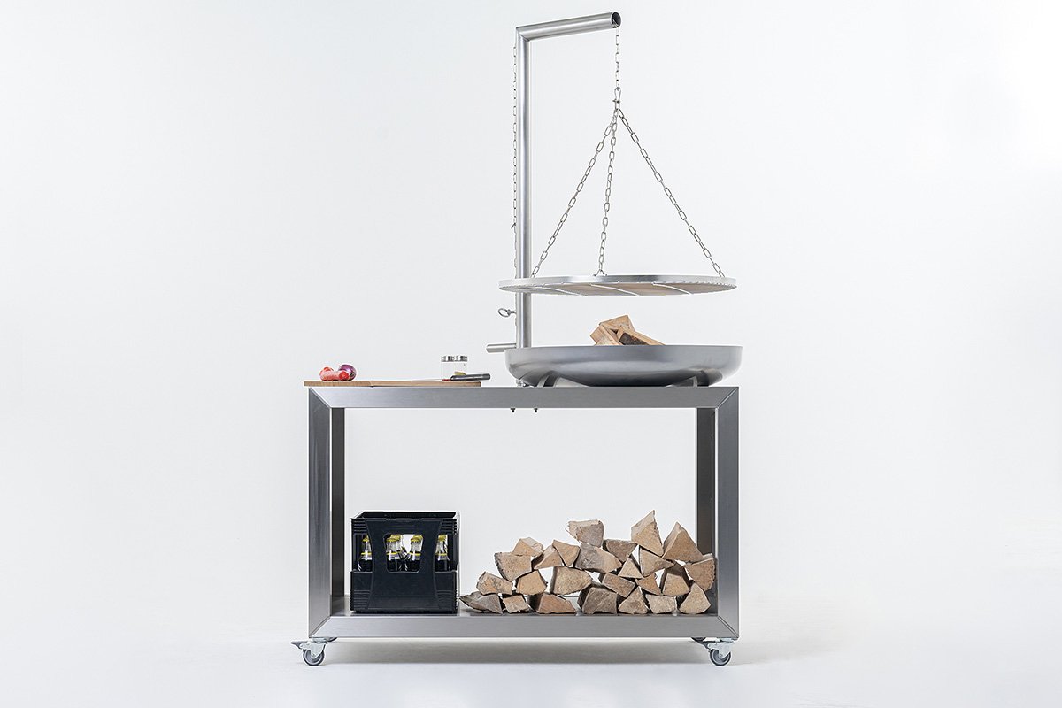 Grill - swing grill on table with wheels stainless steel - front view