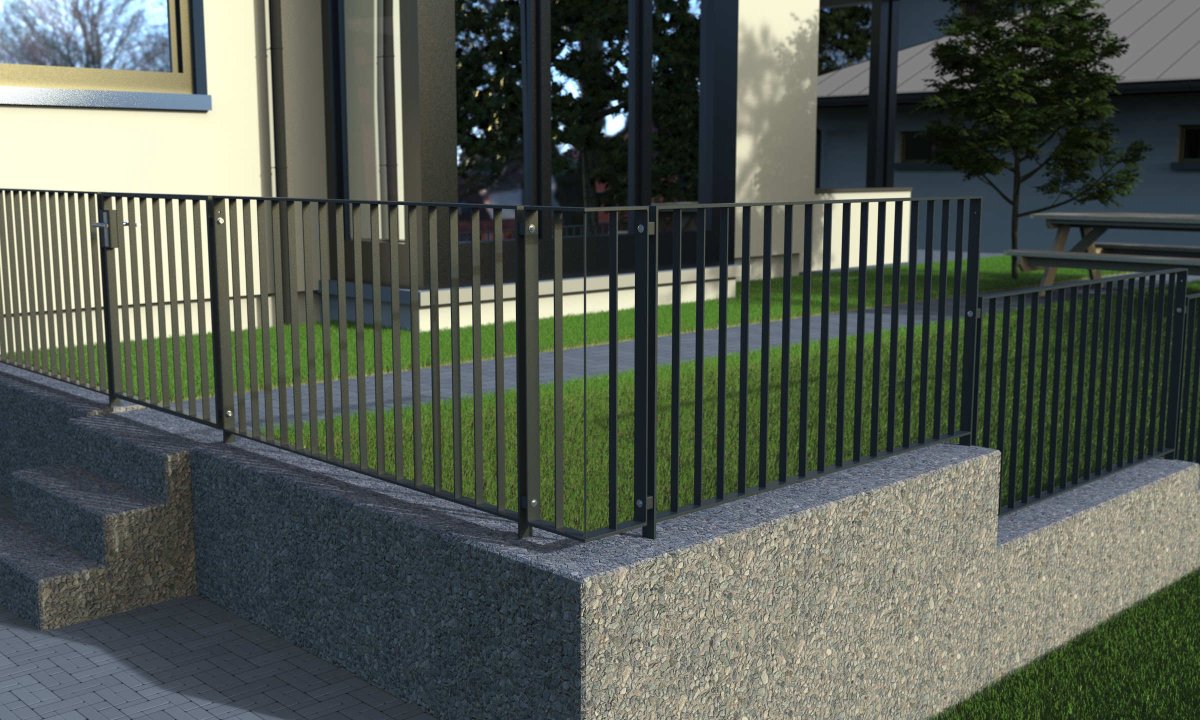 Preview: Zaun, Geländer Modell Simple pulverbeschichtet auf Mauer einbetoniert