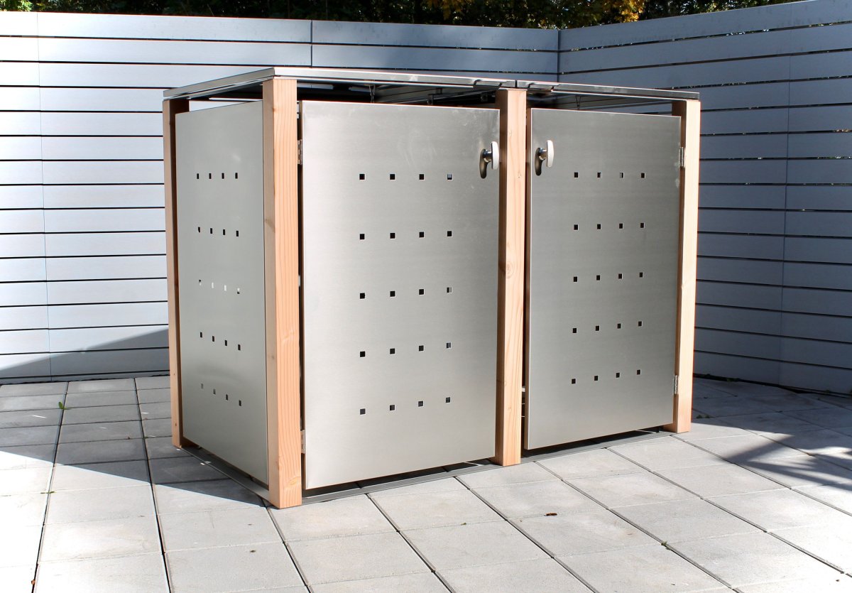 Garbage can box up to 240 liters - stainless steel & wooden posts "Double" box