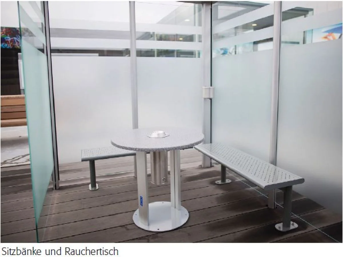 Smoking booth bench with ashtray table