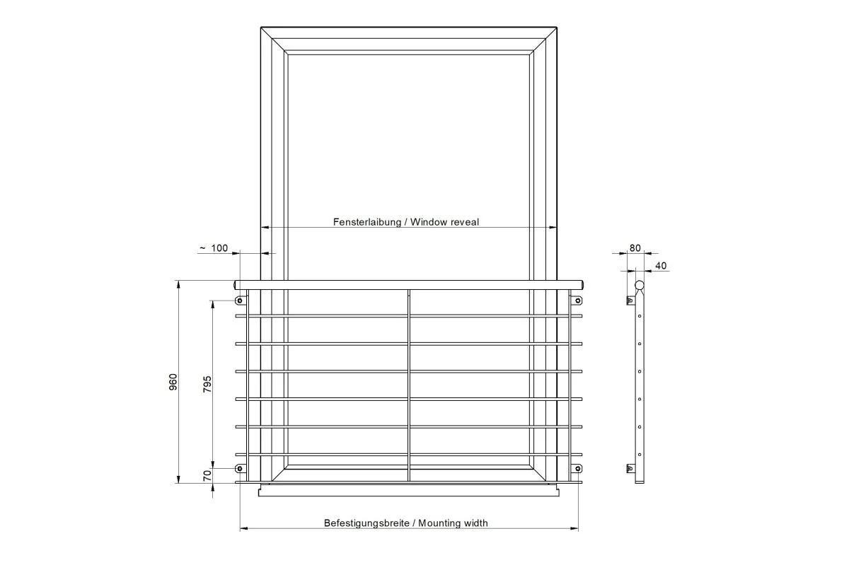 French balcony model Line dimensions