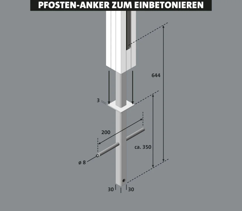 Pfosten-Anker zum Einbetonieren - Maßzeichnung