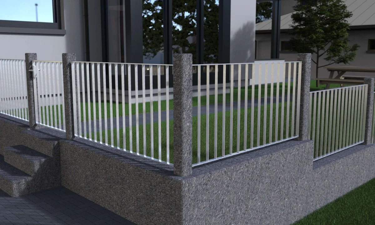 Fence, railing model Basic 2 galvanised with stone post Fence, railing model Basic 2 galvanised with stone post