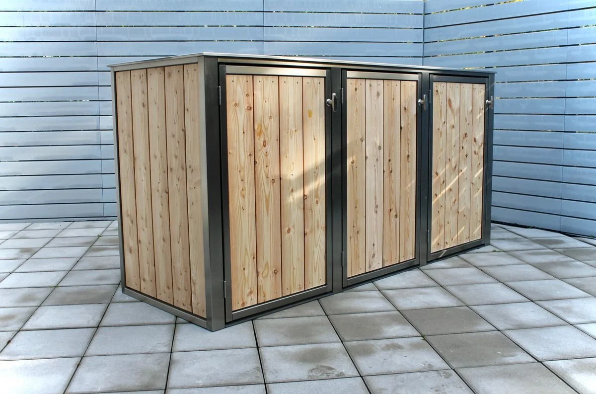 Mülltonnenbox Edelstahlrahmen Holzverkleidung 120L 3er Box