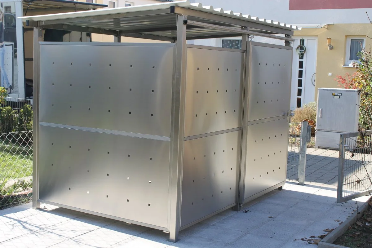 Bicycle garage, bike house, garbage can house, garden house - size 1 - 269 x 180 cm with Stainless steel cladding